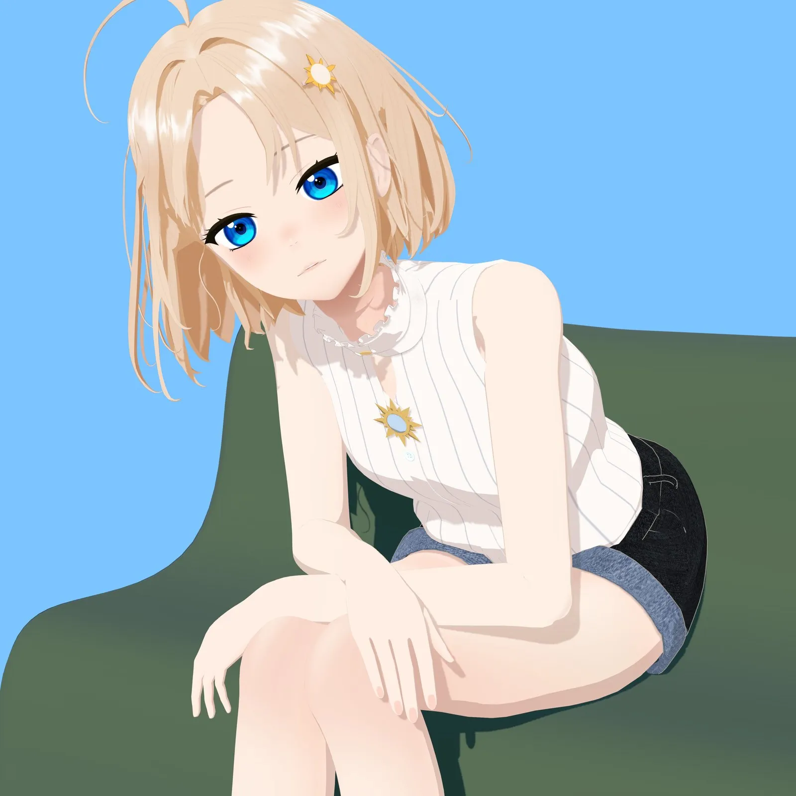 ソファに座って話を聞くサン